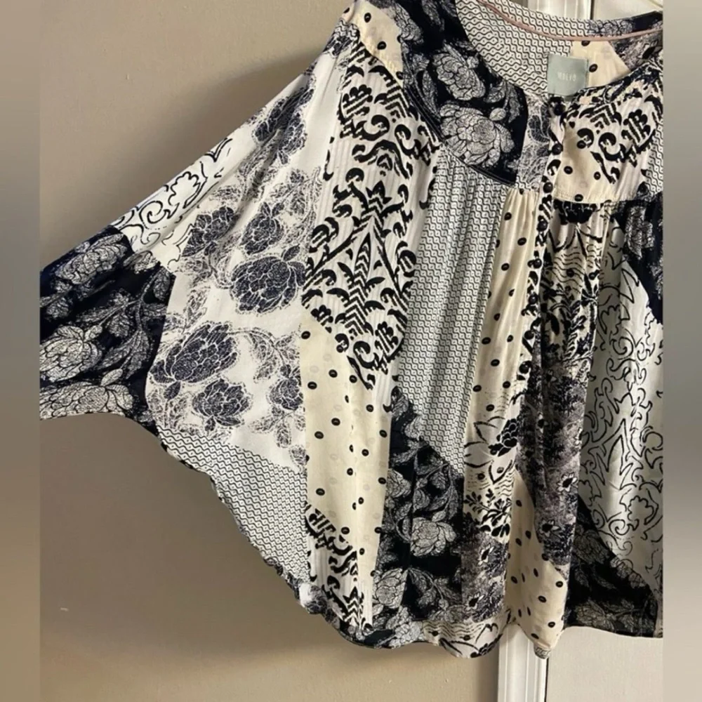 Anthropologie maeve linden Black and Cream Patterned Blouse Large - Picture 4 of 8